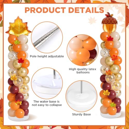 2 Sets Fall Balloon Column Stand Kit 3.3 X 6.6 ft Fall Photo Backdrop With Chestnut Maple leaf Balloons Orange Burgundy Skin Balloon for Thanksgiving Autumn Birthday Parties - Image 4
