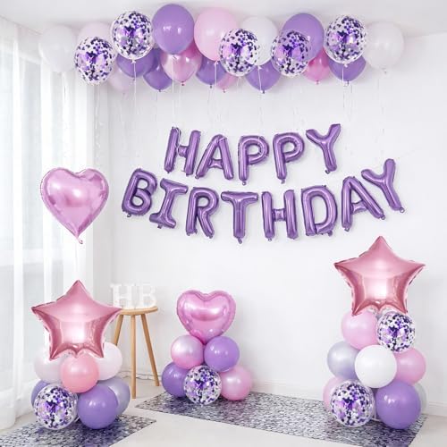 Pink Purple Birthday Decorations for Women Girls Happy Birthday Balloon - Image 3