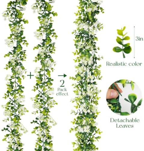 6FT Eucalyptus Garland with Flowers, 6 Pack Artificial Greenery Garland Hanging Summer Eucalyptus Garland Suitable for Table Wedding Backdrop Arch Wall Party UV Protected Indoor Outdoor Decor - Image 6