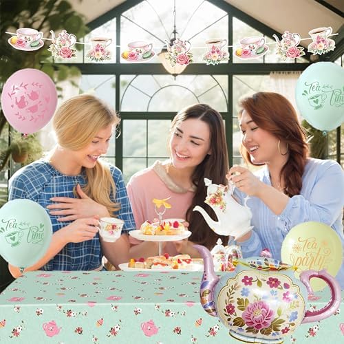 Tea Party Decorations For Women,Pastel Balloons,Tea Party Backdrop,Banner,Teapot Mylar Foil Balloon,Table Cloth,Paper pom poms Party Supplies for Girls - Image 5