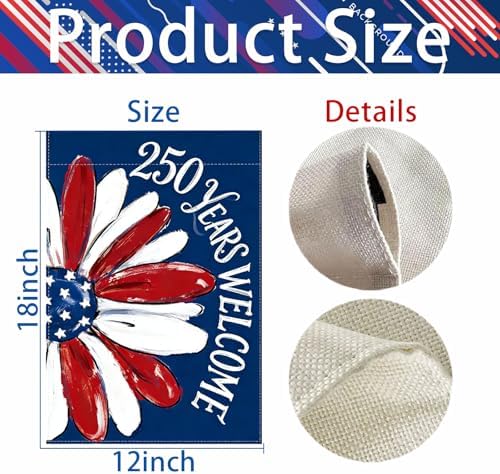250 Years Welcome Garden Flag Patriotic 4th of July Sunflower Garden Flags Independence Day Decorations 12 x 18 Inch Double Sided Yard Flag for Outside 250th Anniversary Banner Summer Garden Flags - Image 2