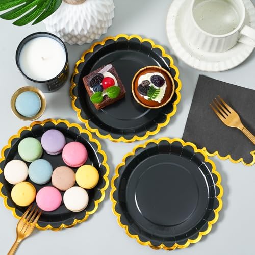 black & gold scalloped party plates with napkins and fork gold foil border, 24 Guest Black disposable Tableware Set Party Decoration for Birthday Coquette Bridal Baby Shower Valentines - Image 4