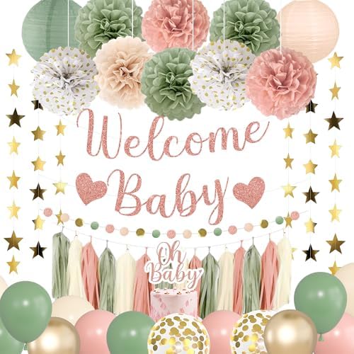 Amandir Sage Green and Pink Baby Shower Decorations Welcome Baby Banner by Amandir
