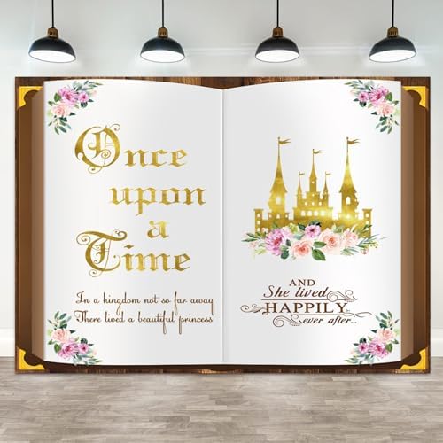 12x10ft Once Upon a Time Backdrop Fairy Tale Book Princess Castle Happily Ever After Floral Storybook Background for Birthday Wedding Baby Shower Bridal Shower Party Decor Photo Booth Props by ASDCXZ