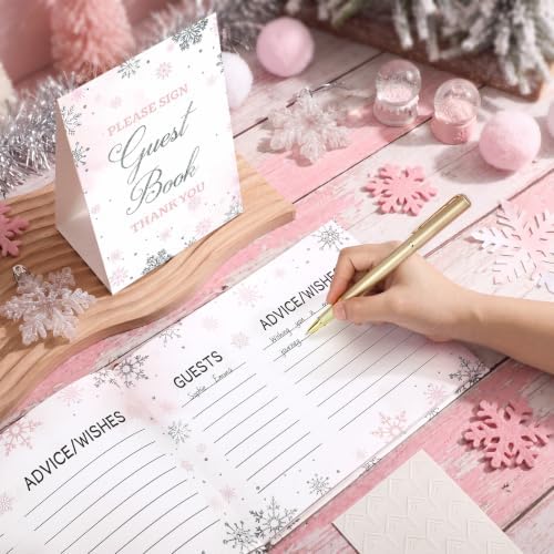 Fuyoooo 27 Pcs Pink Snowflake Baby Shower Guest Book with Pen - Image 3