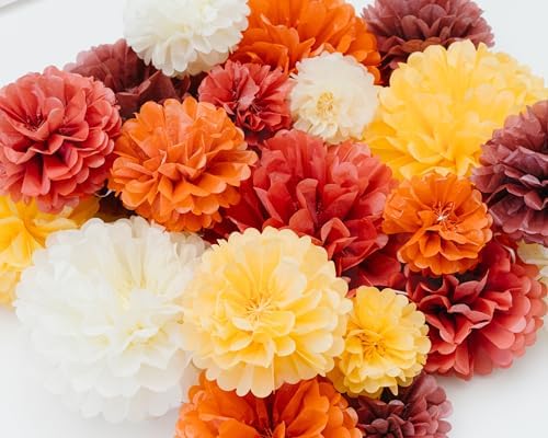 PapaKit 20pc Burnt Orange Tissue Paper Pom Poms - Earthy Garden Party Decorations for Wedding, Boho Baby Shower, Birthday Backdrop and Floral Hanging Decor - Image 2