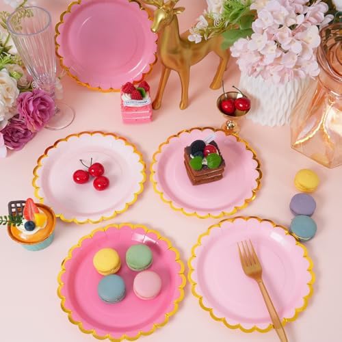 Pink & gold mix scalloped party plates with napkins and fork gold foil border, 24 Guest Pink disposable Tableware Set Party Decoration for Birthday Coquette Bridal Baby Shower Valentines - Image 4