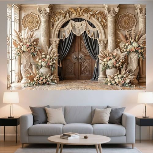 10X10ft Boho Floral Wedding Backdrop Retro Palace Elegant Flowers Background Photography Luxurious Wedding Bridal Shower Party Banner Photo Booth Props Anniversary Backdops - Image 6