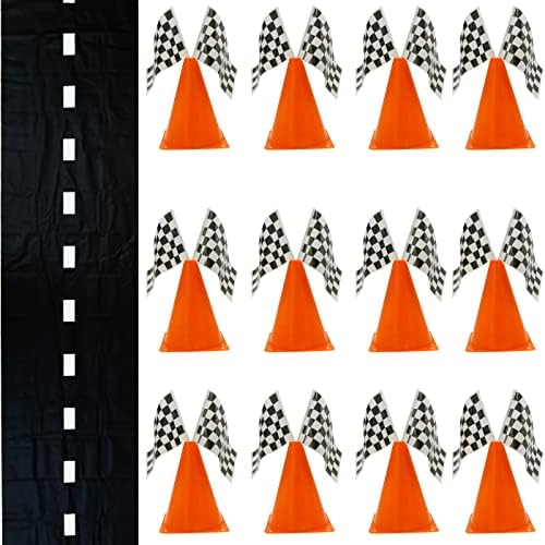 4E's Novelty Race Car Party Supplies Set, 38 Pieces, 12 Traffic Cones, 24 Checkered Flags and Racetrack Floor Runner, Birthday Decorations for Kids by 4EsNovelty