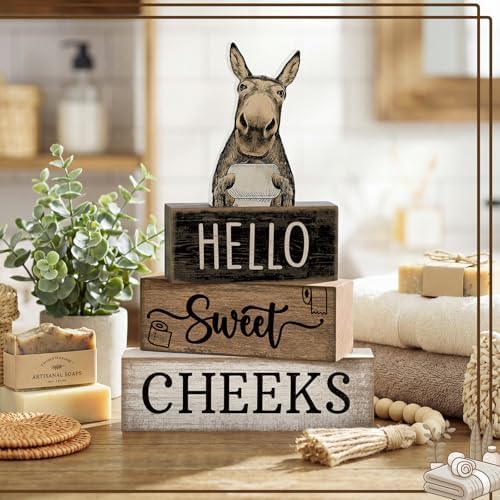 Moucuny 4 Pcs Hello Sweet Cheeks Bathroom Decor Wooden Signs Donkey - Image 5