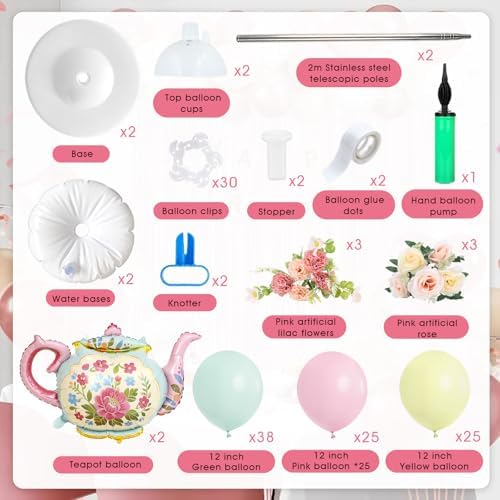 2 Sets Tea Party Balloon Column Stand Kit with Let's Partea Backdrop & 100 Balloons Adjustable Balloon Tower Stand with Bases for Girls Birthday Baby Bridal Shower Garden Party Decor Supplies - Image 5
