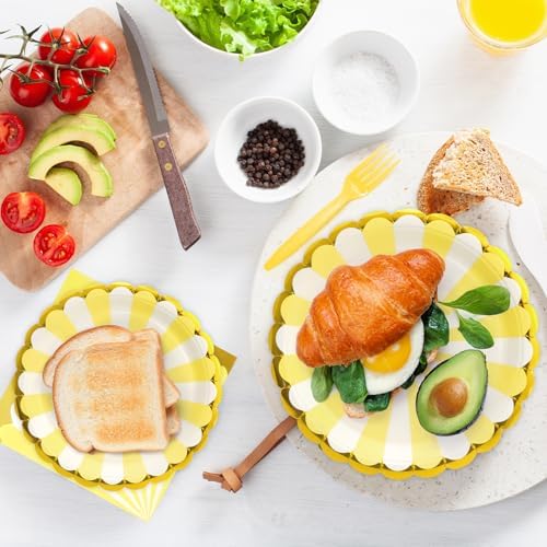 96PCS Yellow Party Paper Plates with Gold Scalloped Edge, Yellow Scalloped 9inch 7inch Dessert Paper Plates Party Supplies for Birthday Bridal Shower Picnic, Serve for 24 Guests, Striped - Image 6