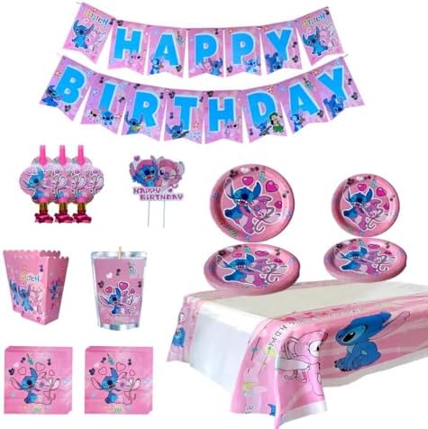 Pink Stitch kids Birthday Party supplies decoration set for 16 Guests–83PCS Set with 16 Plates9'' Napkins popcorn boxes birthday Banner juice labels blowouts Cake Topper & Tableware - Image 5
