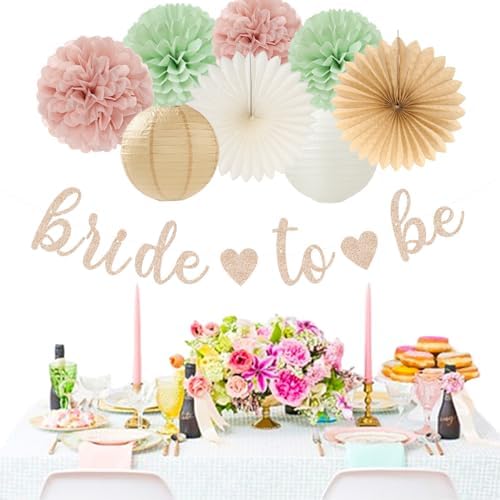 Sage-Green Pink-Beige Bridal-Shower Party-Decorations - 36pcs Bride to Be Banner,Bachelorette Paper Lanterns,Neutral Wedding Streamers Garland,Boho Tissue Pom Poms Flower Fan Decor Supplies Burgleda - Image 5