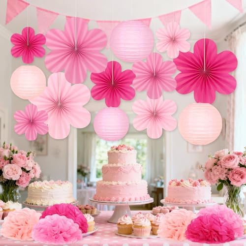 19 Pcs Pink Party Decorations, Light-Hot Pink Hanging Paper Lanterns, Paper Flowers Fans, Tissue Pom Poms, Floral Backdrop Wall Decor for Birthday Baby Showers Bridal Wedding Valentines Classroom - Image 6