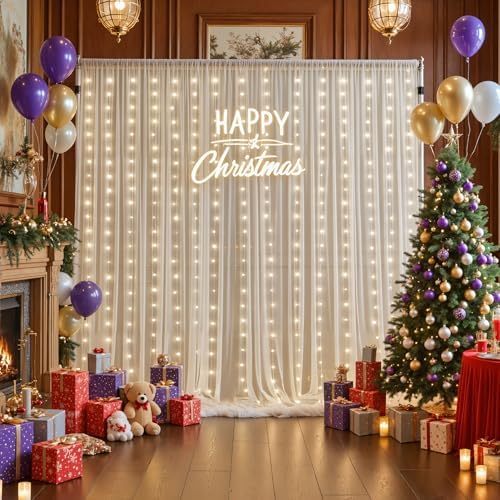 Ivory Sheer Backdrop Curtains with Lights String for Parites Wedding 10×8ft Tulle Backdrop Curtains for Baby Shower Birthday Party Photo Shoot Background Decorations - Image 5