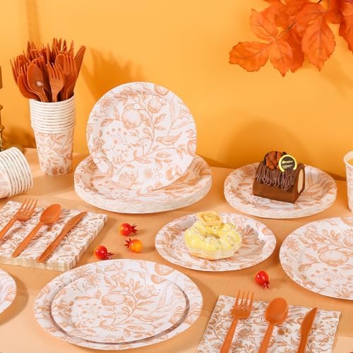 Fall Gold Floral Birds Fruits Disposable Paper Plates and Napkins Set - Image 5