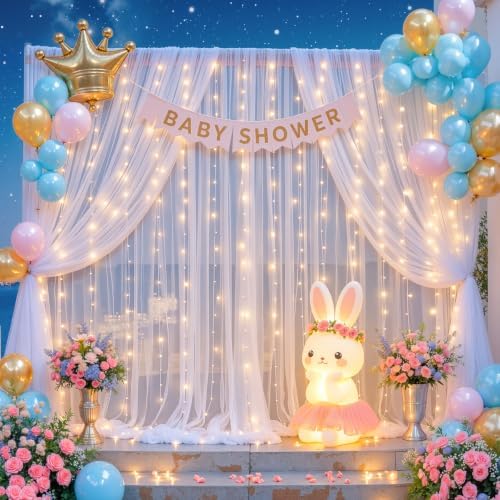 20ft x 12ft White Tulle Backdrop Curtain with Lights String for Parties Wedding Bridal Shower Sheer White Curtain Backdrop for Birthday Party Baby Shower Photo Booth Decorations - Image 2