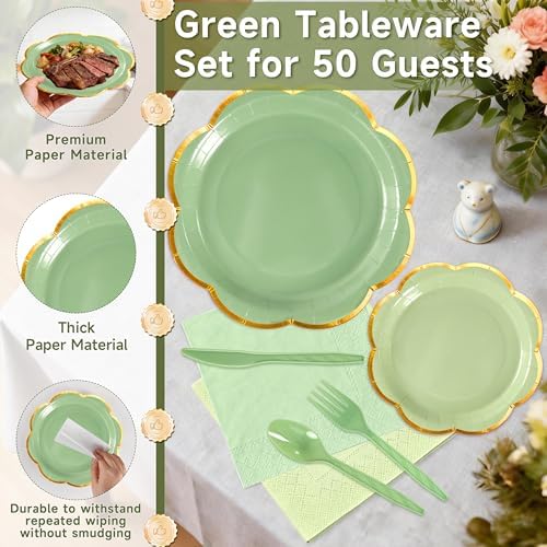 350Pcs Sage Green Paper Plates and Napkins Party Supplies for 50 Guests - Image 4