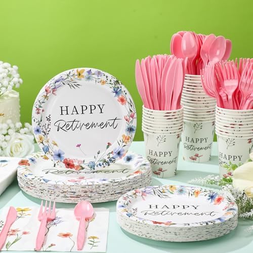 Yungyan 252 Pcs Wildflowers Retirement Party Tableware Set Included Plates Napkins Cups Forks Knives Cutlery for Party Decorations Supplies 36 Guests - Image 4