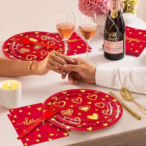 96 Pieces Valentine’s Day Love Tableware Set – Red and Gold Heart Disposable Plates, Napkins, and Forks for Romantic Dinners, Wedding, Anniversaries, and Valentine Celebrations – Serves 24 Guests - Image 6