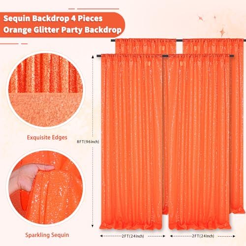 Orange Party Decor Sequin Curtains 4Pcs 2FTx8FT Halloween Photo Backdrop Wedding Glitter Fabric Backdrops Birthday Party Background Christmas Home Decoration - Image 2