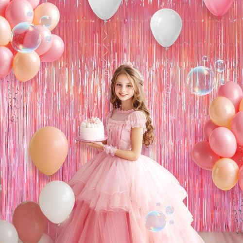 2 Pack Pink Iridescent Streamers Backdrop, 3.3x6.6ft Foil Fringe Curtains Holographic Door Tinsel Streamers for Birthday, Wedding, Holiday, Bachelorette, Baby Shower Theme Party Decorations - Image 3