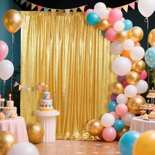 SquarePie 8x8ft Gold Sequin Backdrop, High Density Non-Transparent Glitter Curtain for Photography, Birthday, Wedding Party Decorations, Thick Solid Background with 4" Rod Pocket, 1 Panel - Image 3