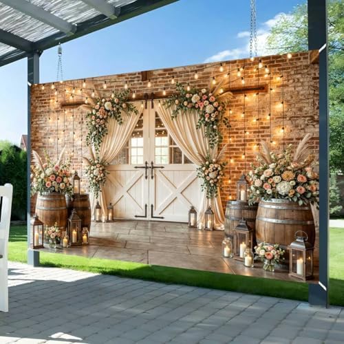7X5Ft Country Wedding Photography Backdrop Brick Stone Wall Backdrop Photography Country Farmhouse Barn Door Floral Birthday Baby Shower Wedding Bridal Party Banner Photo Booth Props Background - Image 3