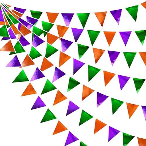 Halloween Party Decorations Metallic Fabric Green Orange Purple Triangle Pennant Banner Flag Bunting for Trick or Treat Spooky Hey Boo Happy Halloween Holiday Birthday Baby Shower Party Supplies by pinkblume