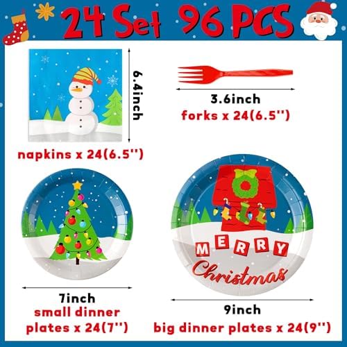 GaofanWai 96PCS Christmas Cartoon Red Dog House Tableware, Merry Christmas Paper Plate Set for Kid, Winter Snowy Pine Tree Disposable Dinnerware Paper Napkin Fork for Baby Shower Party Decor,24 Guests - Image 2