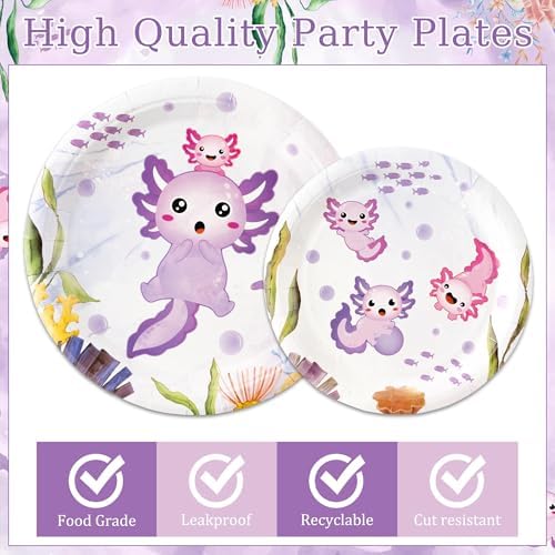 96Pcs Purple Axolotl Cute Cartoon Animals Party Plates Supplies Tableware Decorations Disposable Paper Plates Napkins Forks for Kids Birthday Baby Shower, Serves 24 - Image 3