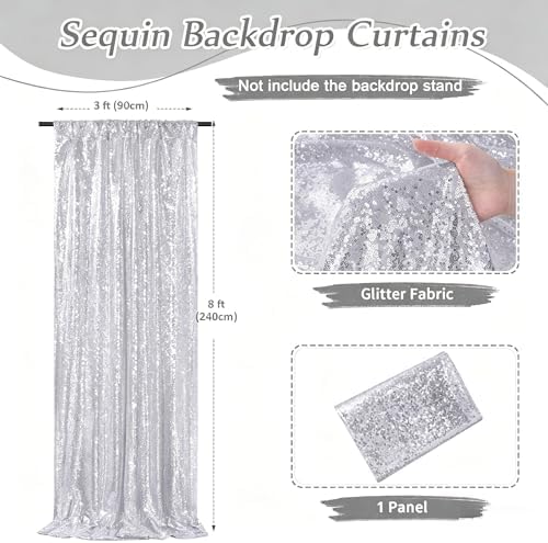 Silver Sequin Backdrop Curtains-2 Panels 3FTx8FT Silver Backdrop for Wedding, Glitter Party Decorations Background Drapes for Birthday Party Anniversary Graduation Photo Booth Decor - Image 3