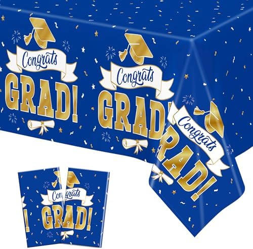 2Pack 2026 Graduation Decorations, 108" X 54" Graduation Tablecloth, Bluegold Disposable Table Cover for Grad Party Favors Supplies, Rectangle Plastic Tablecover for Class 2026 Congrats Grad for Kids by QZYL