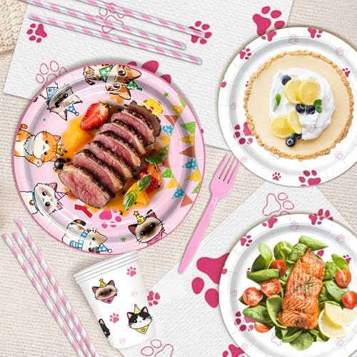 197pcs Cat Birthday Decorations Kit, Cute Cat Themed birthday party decorations with Tableware, Cake Decorations & Hanging Accessories, Serves 24 Guests - Image 2