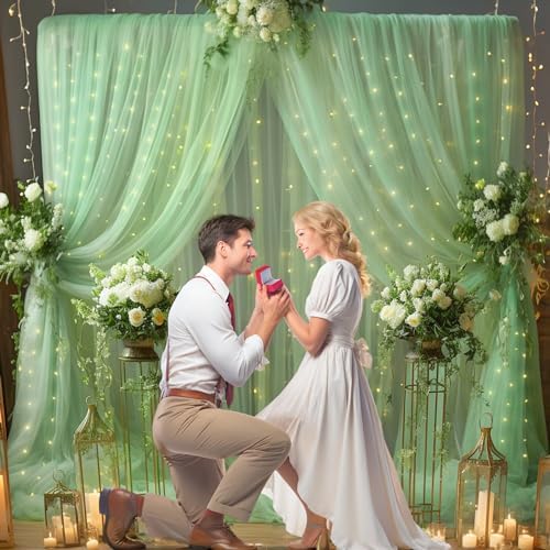 30×10ft Green Tulle Backdrop Curtain with Lights String for Parties, Sheer Photo Backdrop Curtains for Wedding Party Photography Background - Image 3
