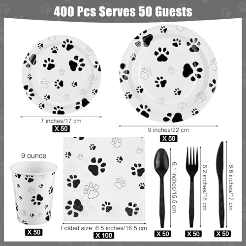 Kochorie 400 Pieces Black Paw Disposable Party Tableware Sets Dog Puppy Supplies Including Plates Cups Napkins Cutlery Serves 50 for Birthday Puppy Theme Party Decorations - Image 2