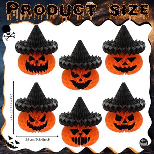 Fourluoo 6 Pcs Halloween Pumpkin Witch Hat Paper Honeycomb Centerpieces - Image 3