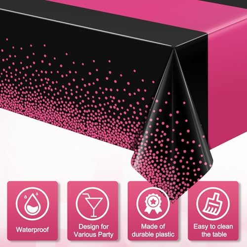 6Pcs Black Hot Pink Tablecloth Party Decorations,Plastic Black Table Cloth Printed Hot Pink Table Runner Disposable Rectangle Cover for Birthday Wedding Anniversary Graduation Party,54x108 Inch - Image 3