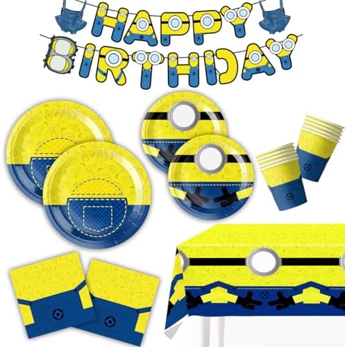 Cartoon Mini Jeans Birthday Supplies, Cute Funny Yellow Blue Happy Birthday Tableware for Kid, Party Decoration Supplies with Banner, Tablecloth, Plate, Paper Cup, Napkin by Unknown