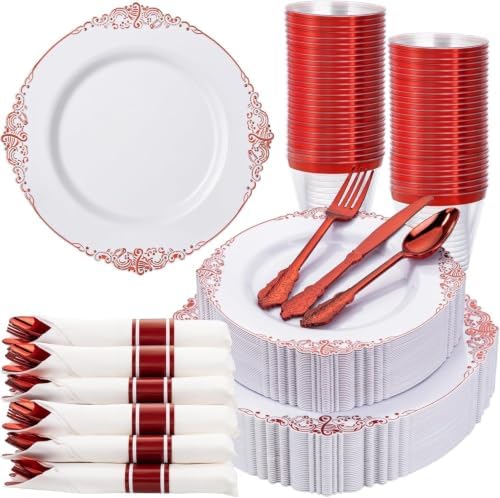 Nervure 350Pcs Red Plastic Plates, Plastic Dinnerware Set for 50 Guests by Nervure