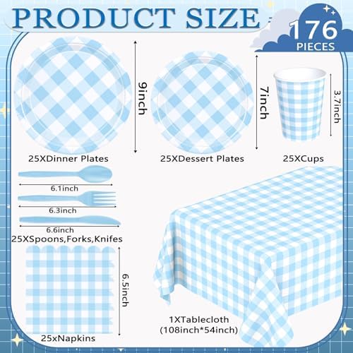 176 PCS Light Blue Gingham Round Plates and Napkins, Blue Checkered Disposable Plates Set with Napkins Cups Plastic Spoons Forks Knives for Dinner Birthday Baby Shower Wedding Supplies Serve 25 Guests - Image 5
