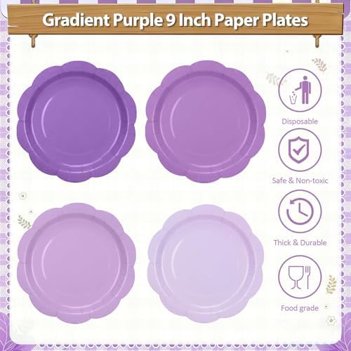 Purple Plates and Napkins Party Supplies, 9’’ Pastel Purple Disposable Paper Plates and Cups and Napkins Set for Baby Shower, Birthday, Wedding Party Decorations Serves 48 - Image 3