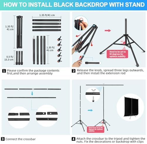 Black Backdrop Background with Stand for Photoshoot, 5x6.8ft Black Photo Backdrop Curtain Cloth with Background Support Stand, 5 Spring Clamps& Carrying Bag for Party Photography Video Studio - Image 7