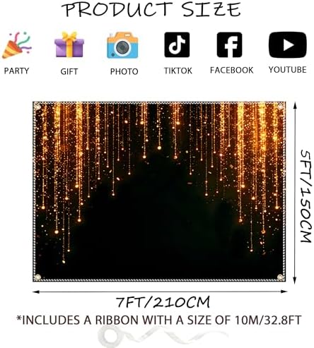 Black and Golden Backdrop 7x5ft Polyester Glitter Backdrop Masquerade Decorations Vintage Photo Booth for Family Birthday Party Photo Studio with Ribbon - Image 2