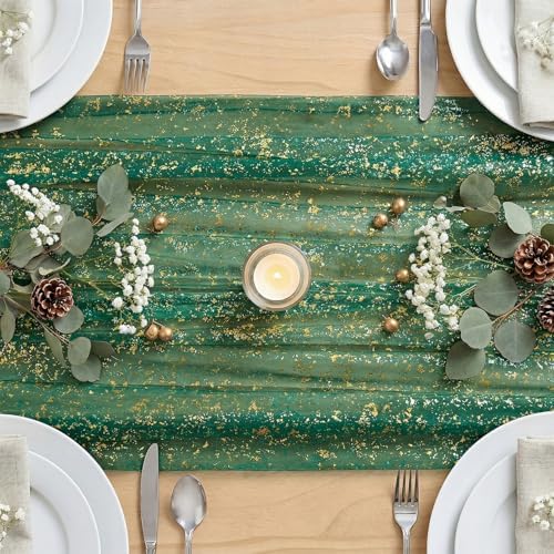 Artoid Mode Green Gold Gauze Table Runner 59x120 Inch 10FT, Glitter Metallic Foil Sheer Dining Wedding Anniversary Holiday Table Decor for Home Party - Image 4