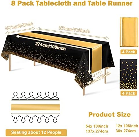 8Pack Disposable Plastic Tablecloths and Satin Table Runner Set Black Gold Dot Table Cloth Gold Satin Table Runner for Graduation Wedding Birthday Baby Shower Anniversary Holiday Party Decorations - Image 2