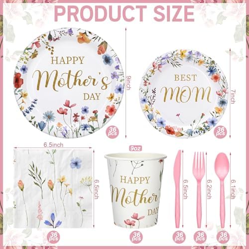 Yungyan 252 Pcs Mother's Day Wildflower Party Tableware Set Happy Mother's Day Floral Paper Plates Napkins Cups Forks Knives Cutlery for Party Decorations Supplies - Image 2