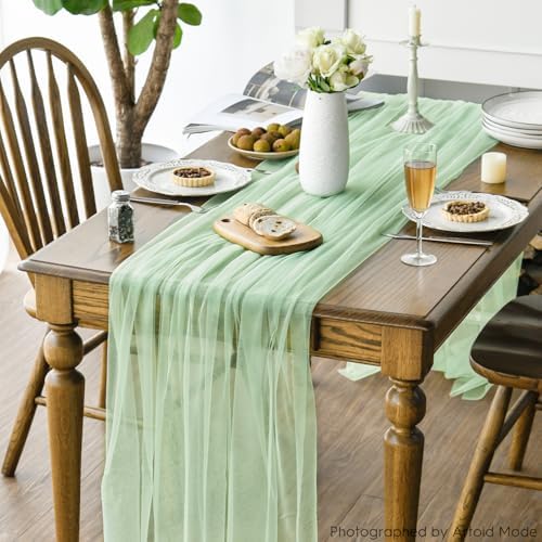 Artoid Mode 3PCS Light Green Gauze Table Runner 120 Inch 10FT, Seasonal Sheer Kitchen Dining Holiday Wedding Birthday Baby Shower Table Decor for Home Party - Image 5