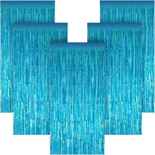 5 Pack 3.28ft x 6.56ft Light Blue Metallic Tinsel Foil Fringe Curtains, Photo Booth Backdrop Party Decorations for Birthday Wedding Baby Shower Graduation Bachelorette New Years by Unknown